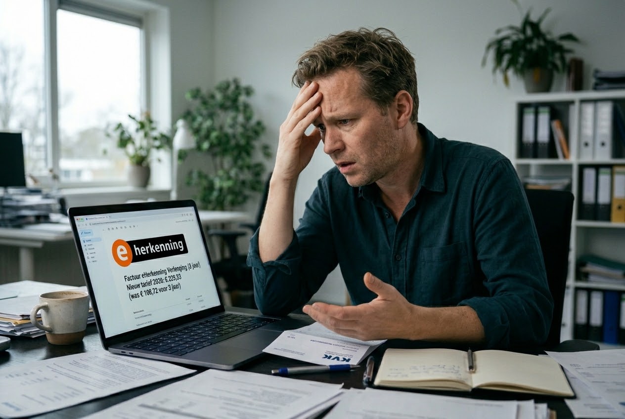 Ondernemer met de hand op het hoofd bij een automatisch verlengd eHerkenning-abonnement